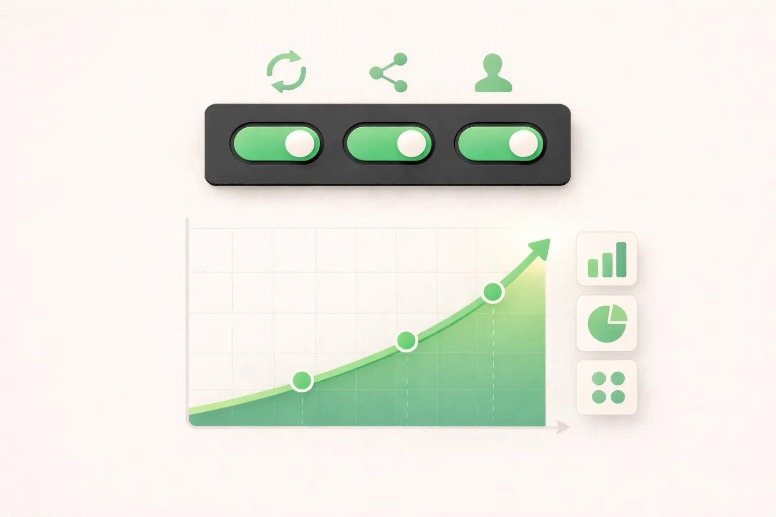 Three toggle switches on with growth chart and analytics icons