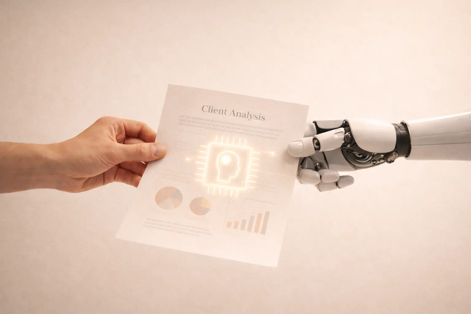 Human hand and robot hand holding a client analysis document