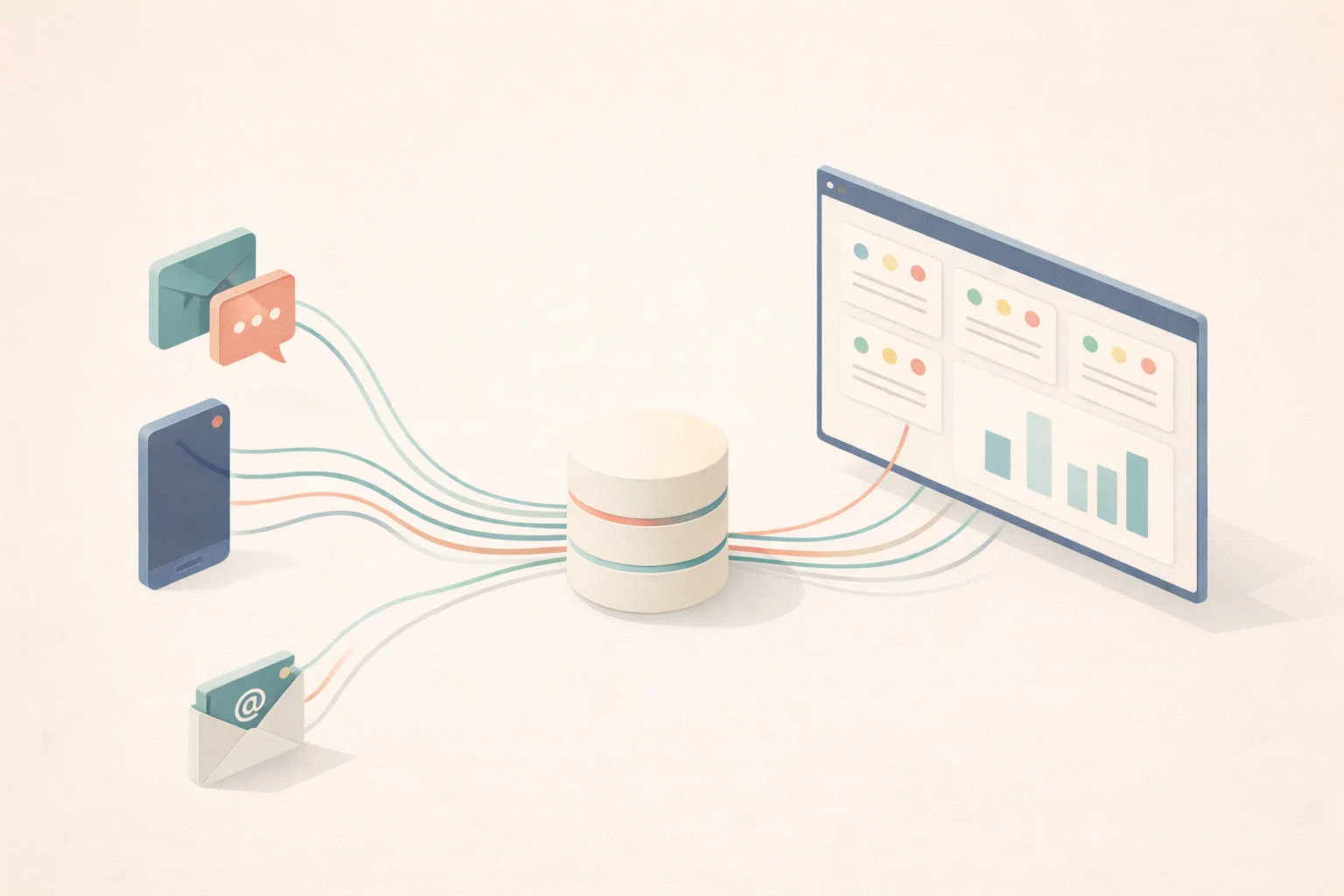 Phone, chat, and email flowing into database then to analytics dashboard