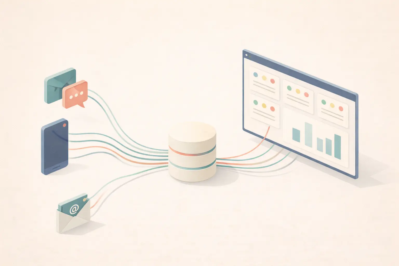 Phone, chat, and email flowing into database then to analytics dashboard